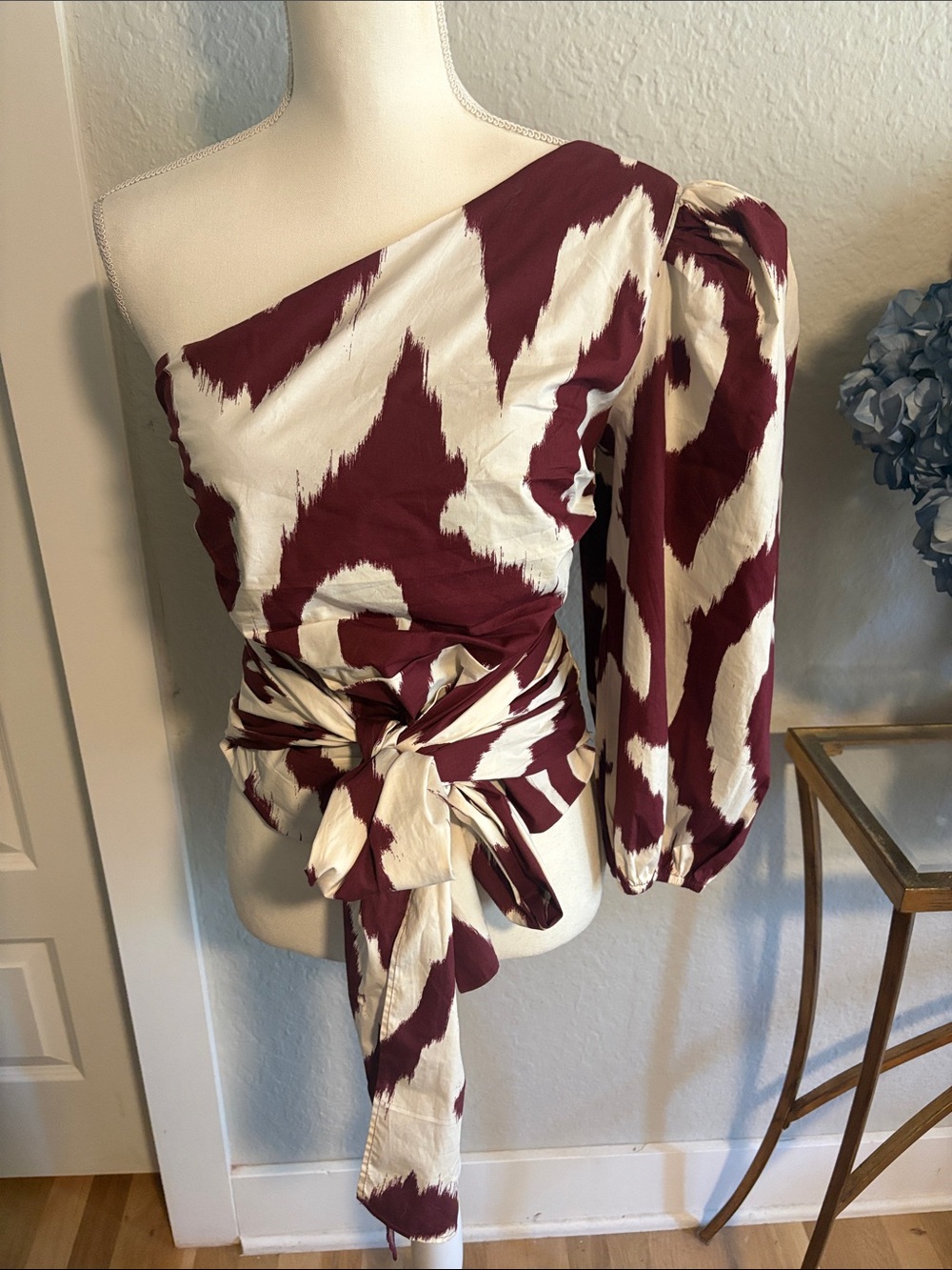Express One-Shoulder Tie-Waist Blouse in Burgundy and Cream NWOT
